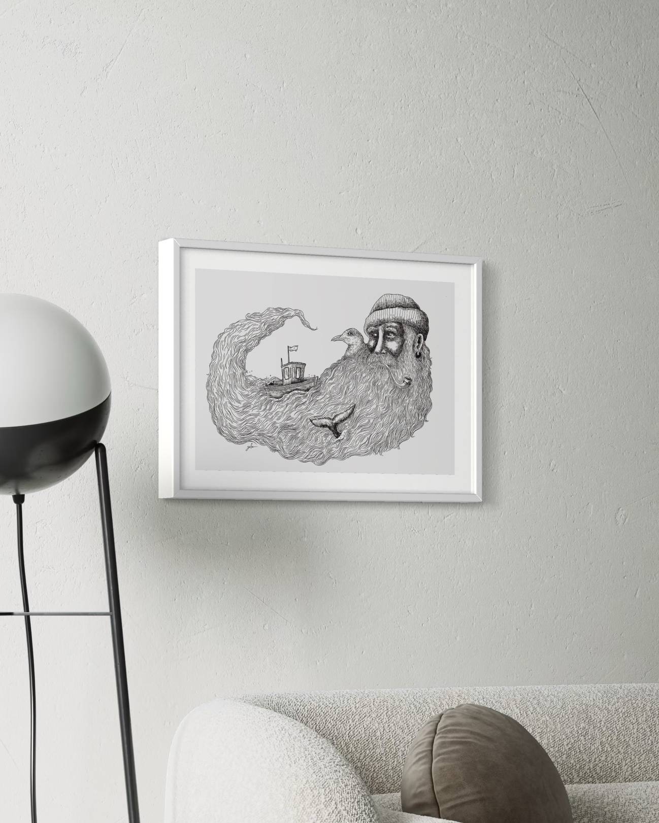 הדפס איור שחור לבן | הזקן והים