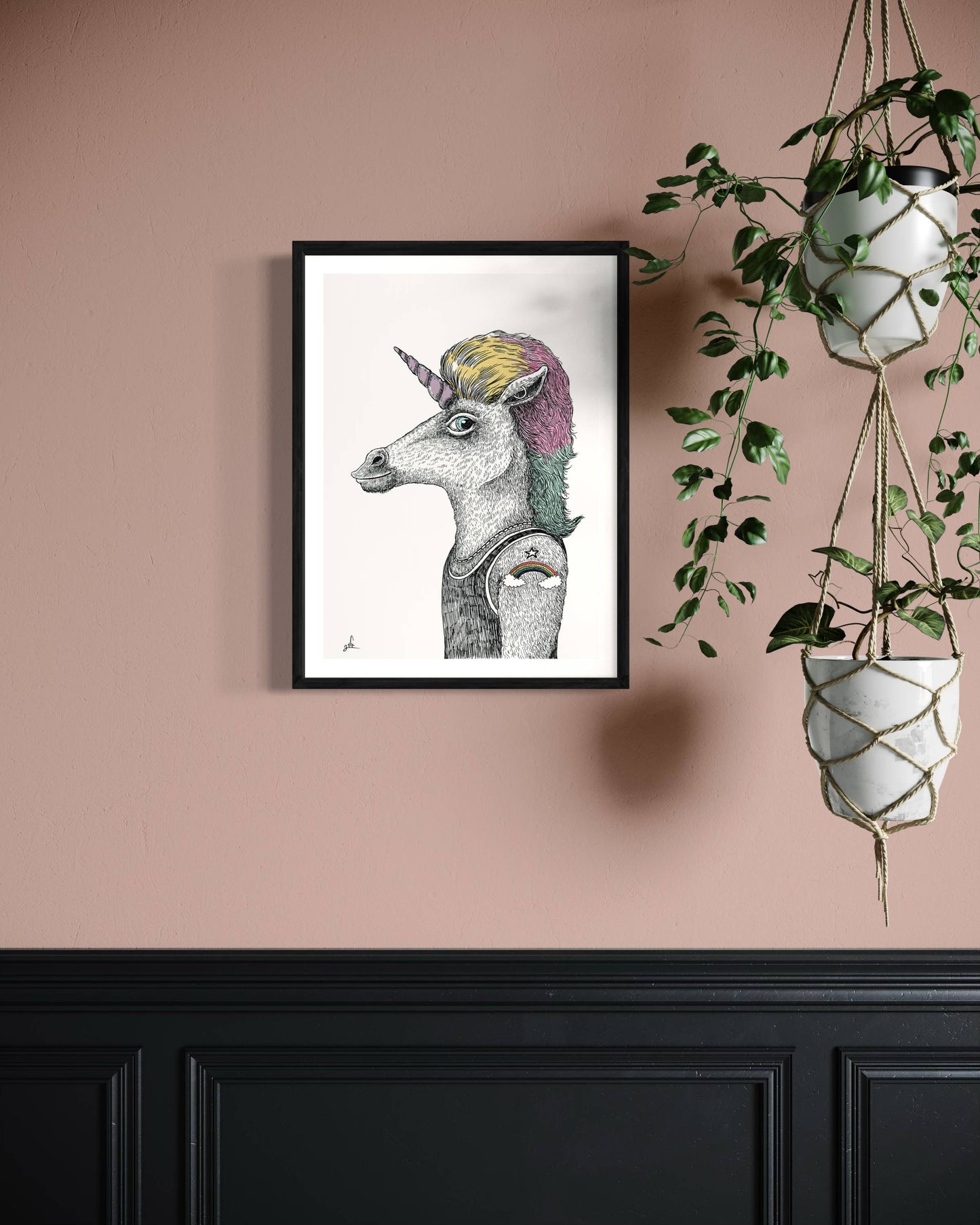 הדפס איור שחור לבן | יוניקורן היפסטר